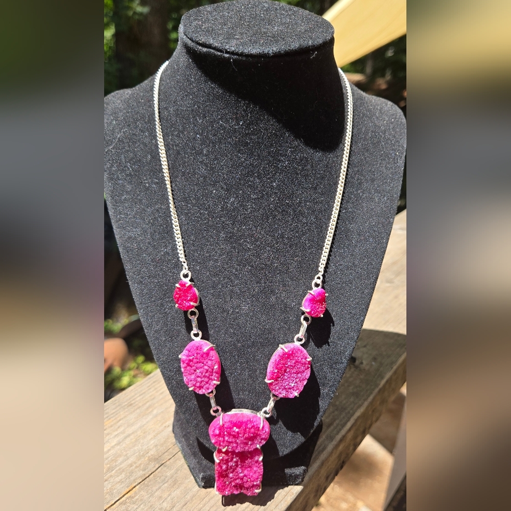 Fuschia Pink Sterling Druzy Crystal Necklace 20" - Picture 6 of 6
